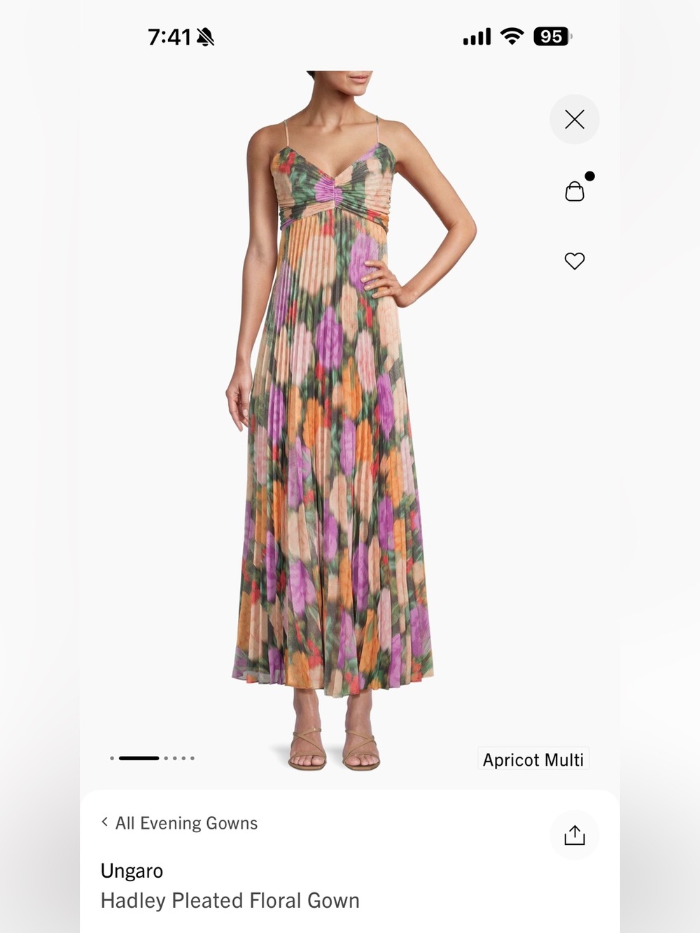 Emanuel Ungaro Apricot, Purple & Green Floral Pleated Maxi Dress